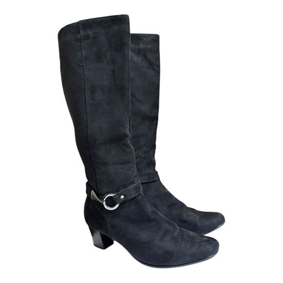 Pesaro Walker Black Suede Knee High Boots Size 8 Heeled Boots Silver Buckle - Picture 2 of 16
